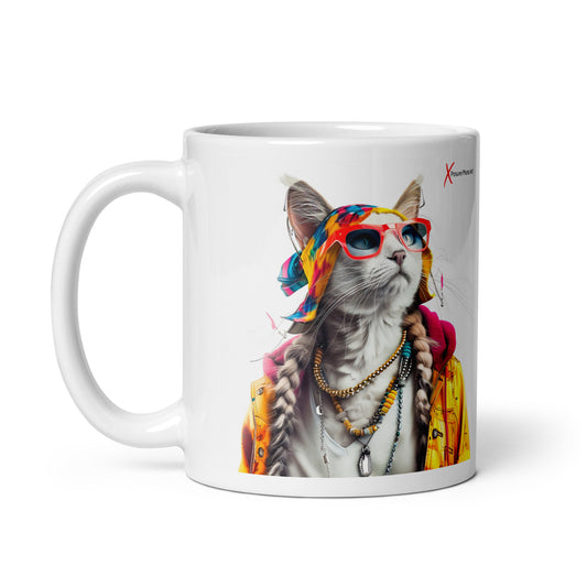 Chic White glossy mug, Hippie Cat