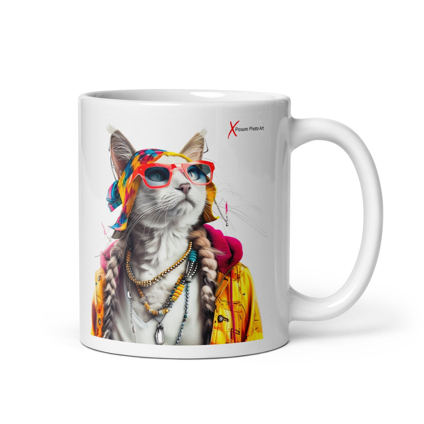 Chic White glossy mug, Hippie Cat